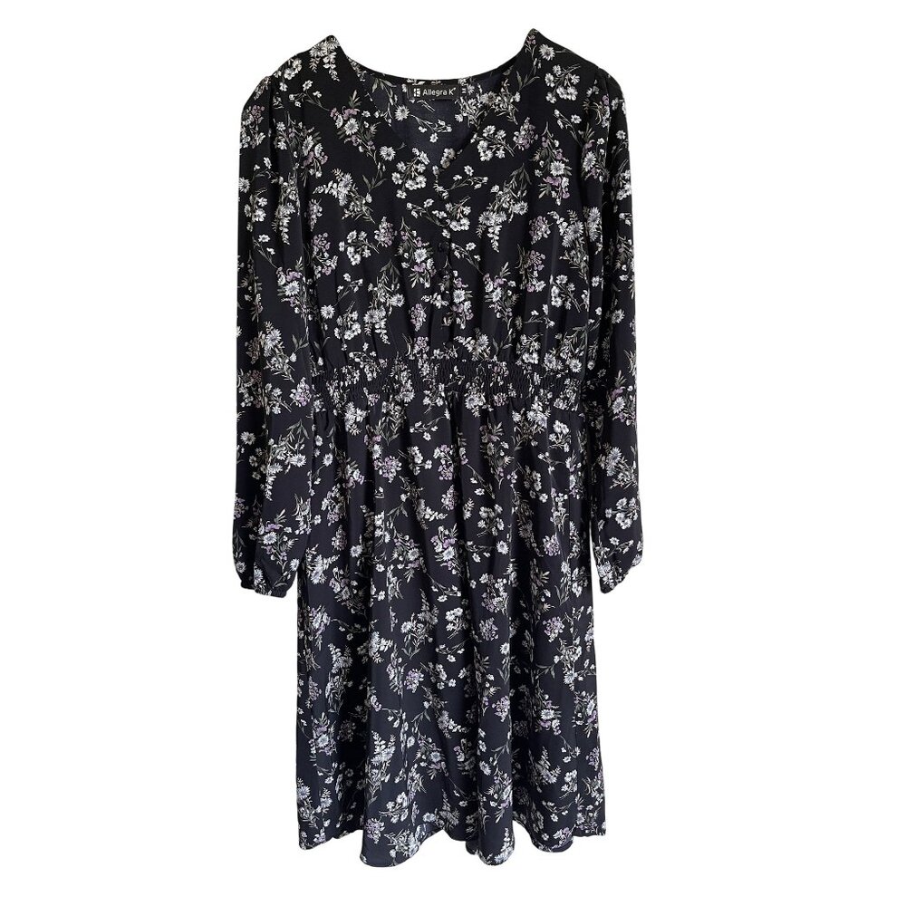 Allegra K Black Dark Floral Long Sleeve Dress Size Medium V-Neck A Line Smocked